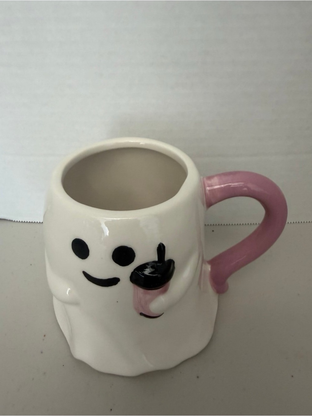White Ghost Ceramic Mug with Pink Handle